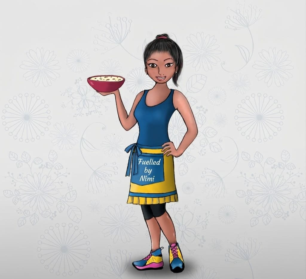 Illustration of Chef Nimi holding a bowl, wearing a “Fuelled by Nimi” apron